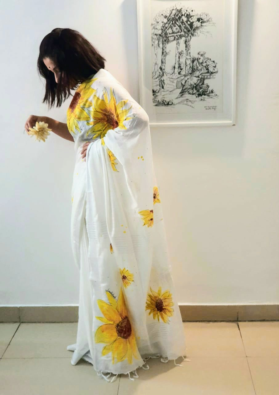 Golden Bloom Hand-Painted Designer Saree – A Breath of Fresh Elegance