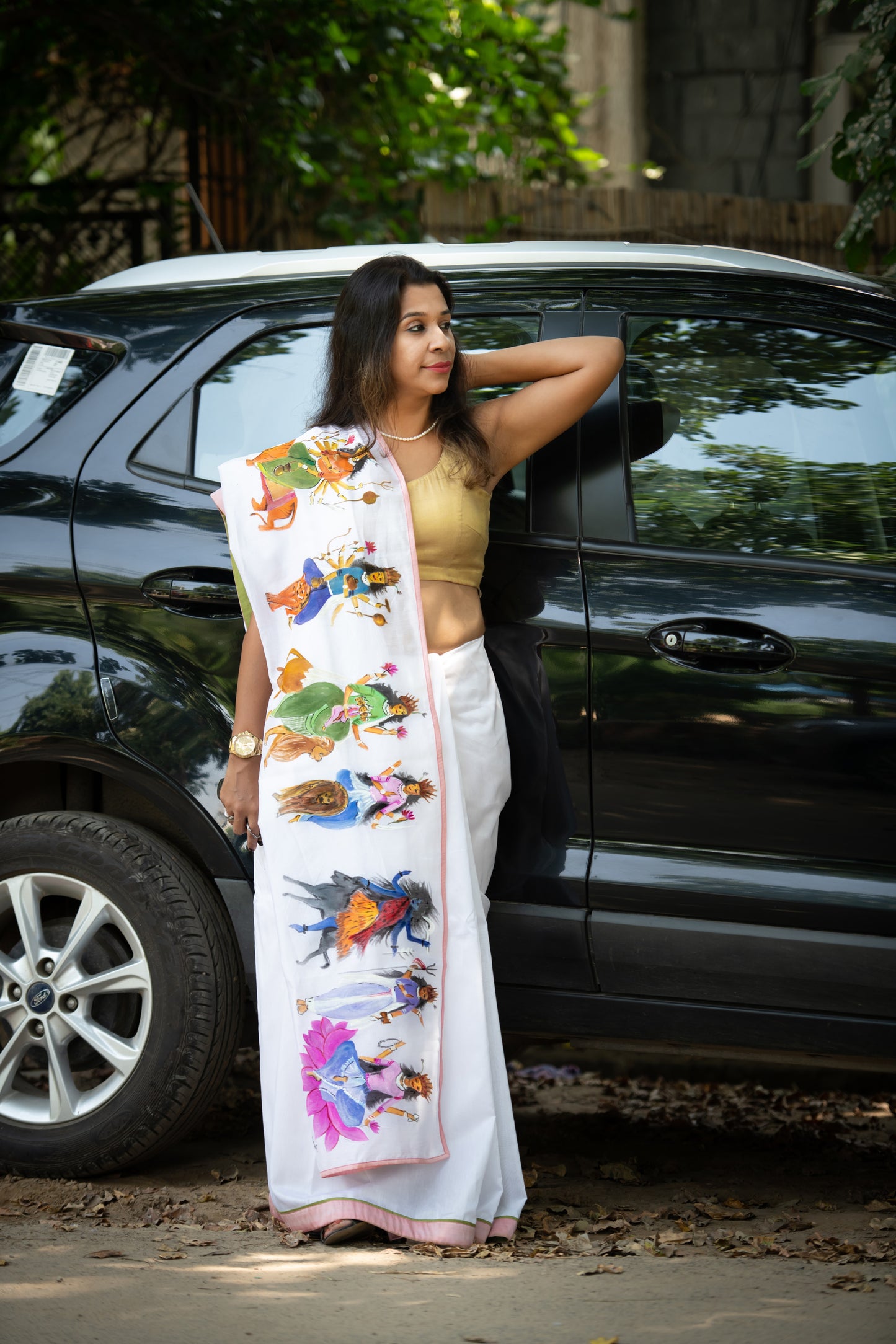 Hand-Painted White Designer Saree – Navadurga Series