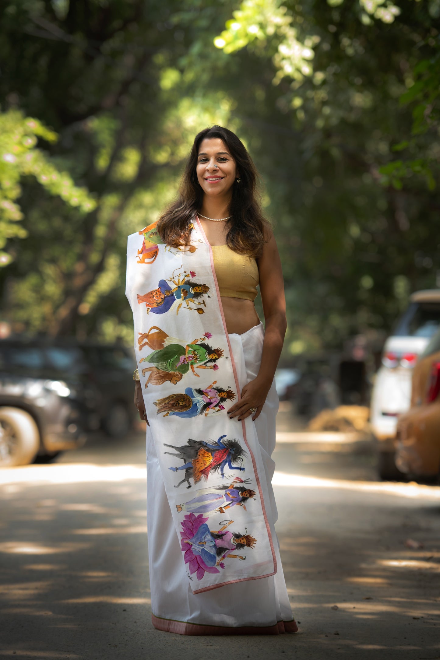 Hand-Painted White Designer Saree – Navadurga Series
