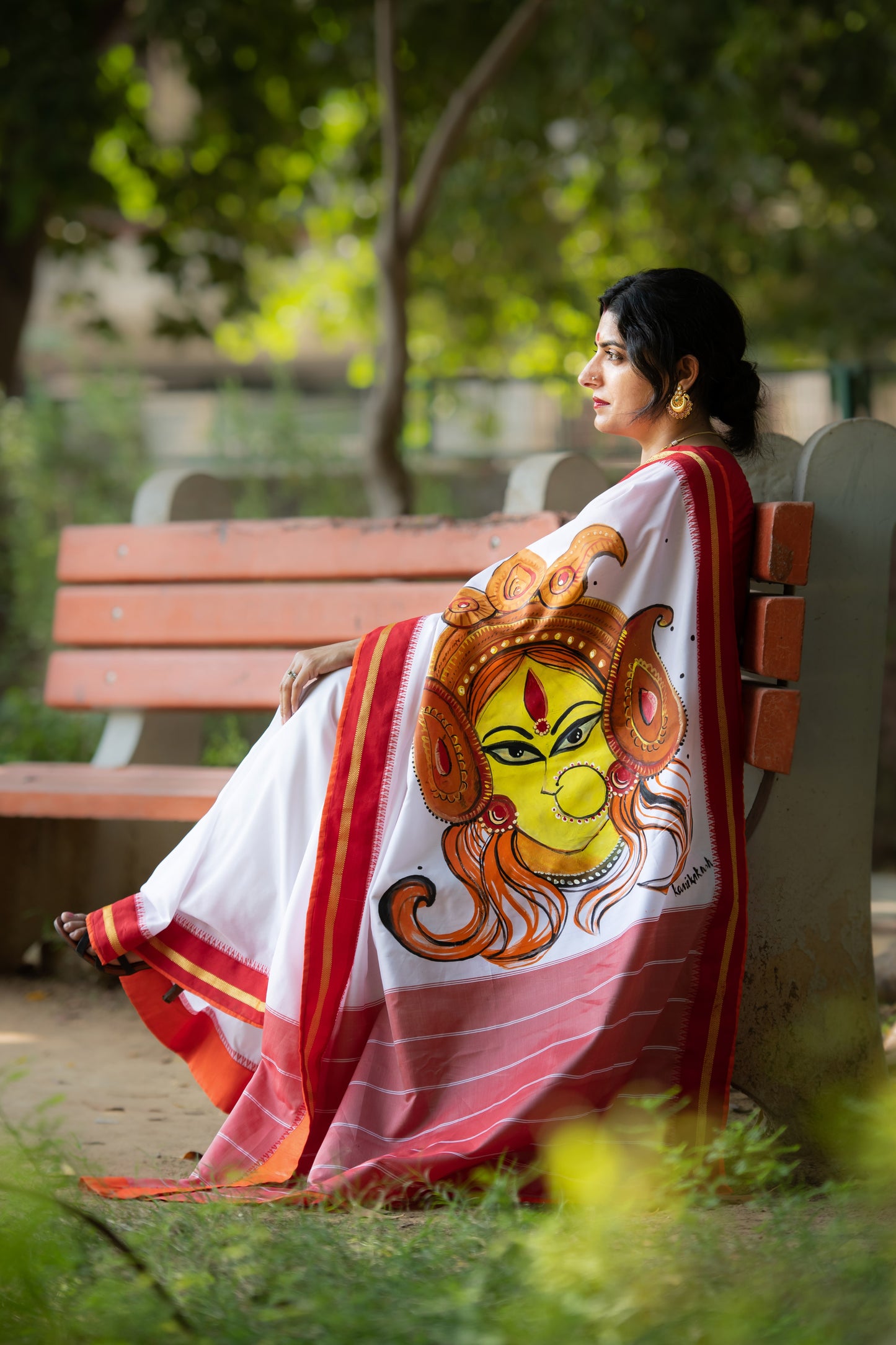 Hand-Painted Durga Face Saree – Radiance of Shakti