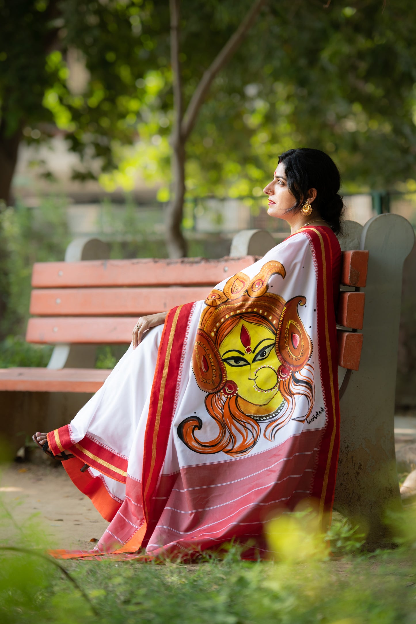 Hand-Painted Durga Face Saree – Radiance of Shakti