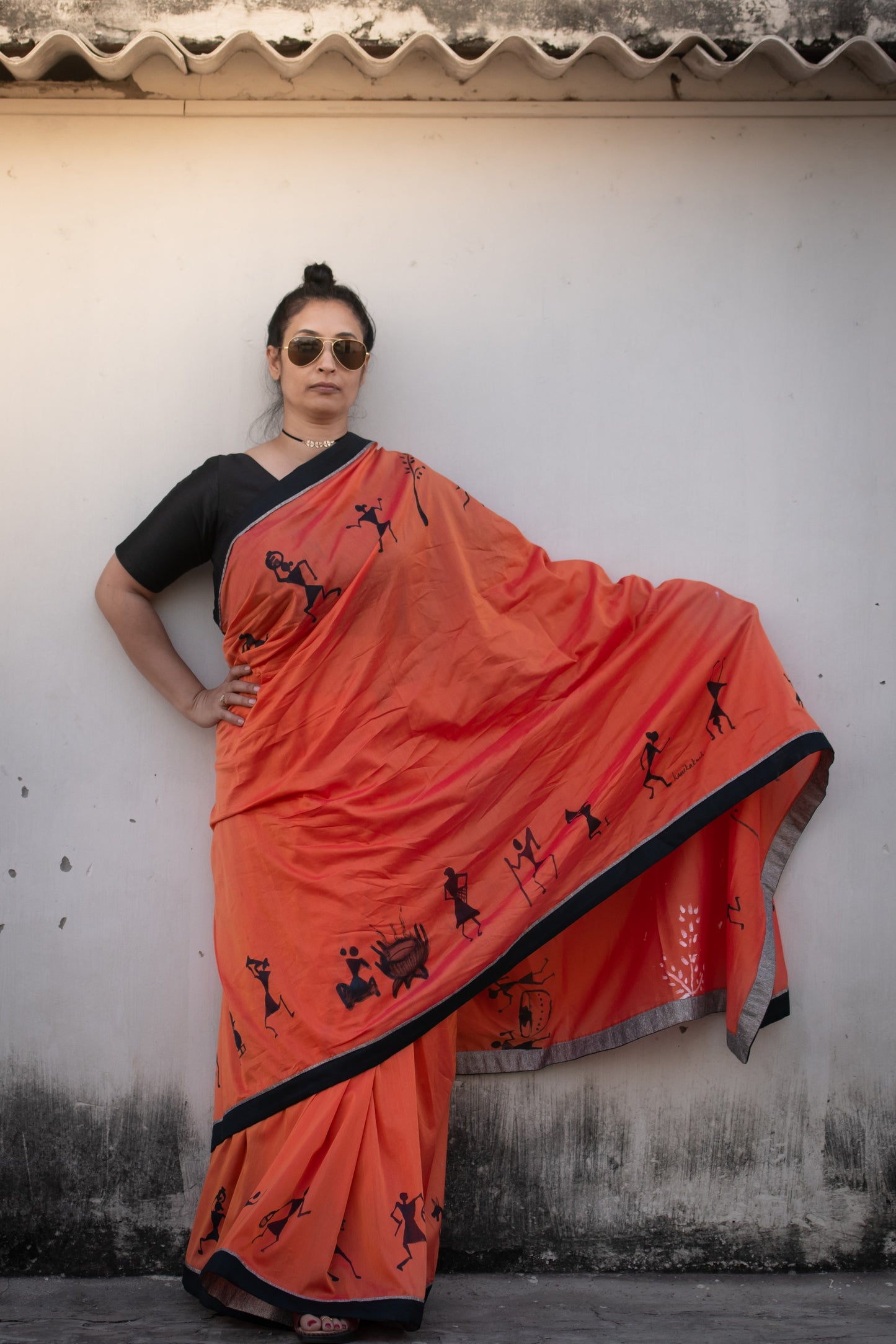 Rhythms of the Tribe Hand-Painted Saree – A Celebration of Heritage and Motion