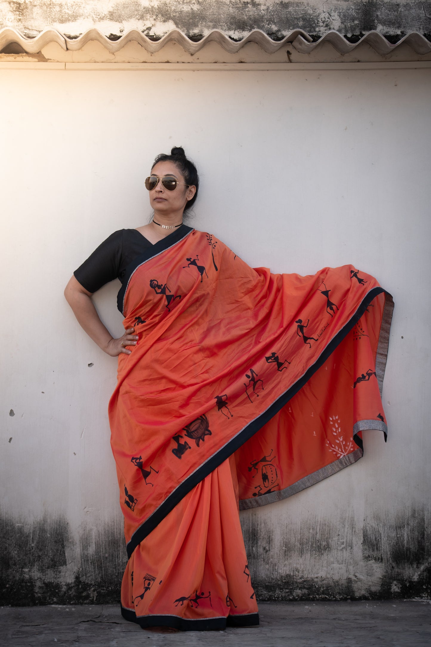 Rhythms of the Tribe Hand-Painted Saree – A Celebration of Heritage and Motion
