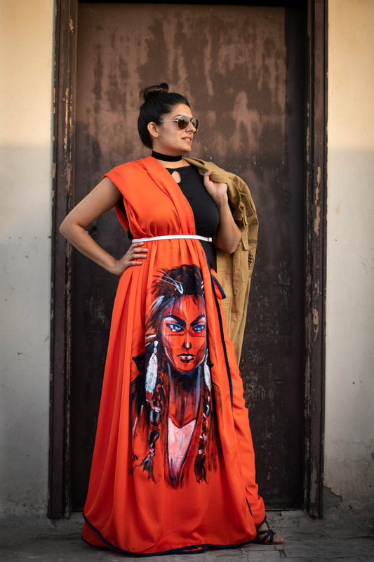 Spirit Warrior Hand-Painted Designer Saree – Fierce, Bold, Unapologetically You